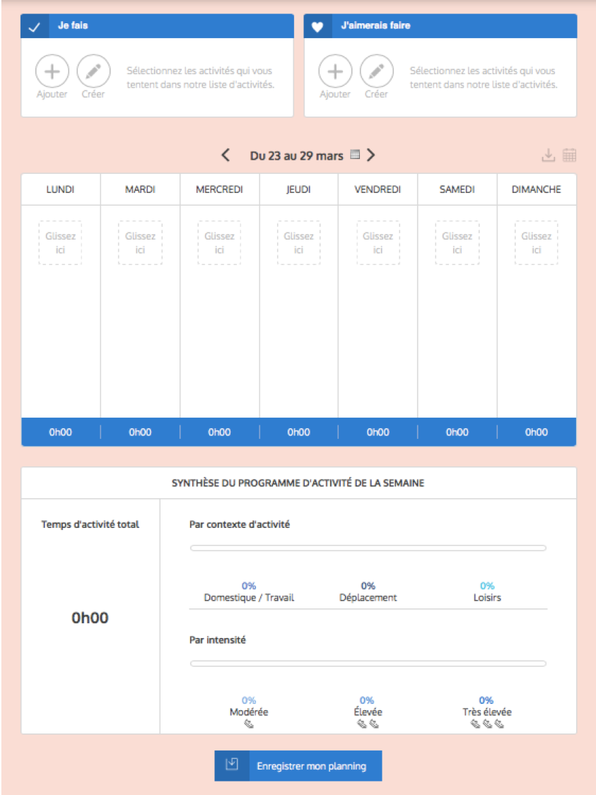 Le planificateur d'activités physiques du site manger-bouger.fr